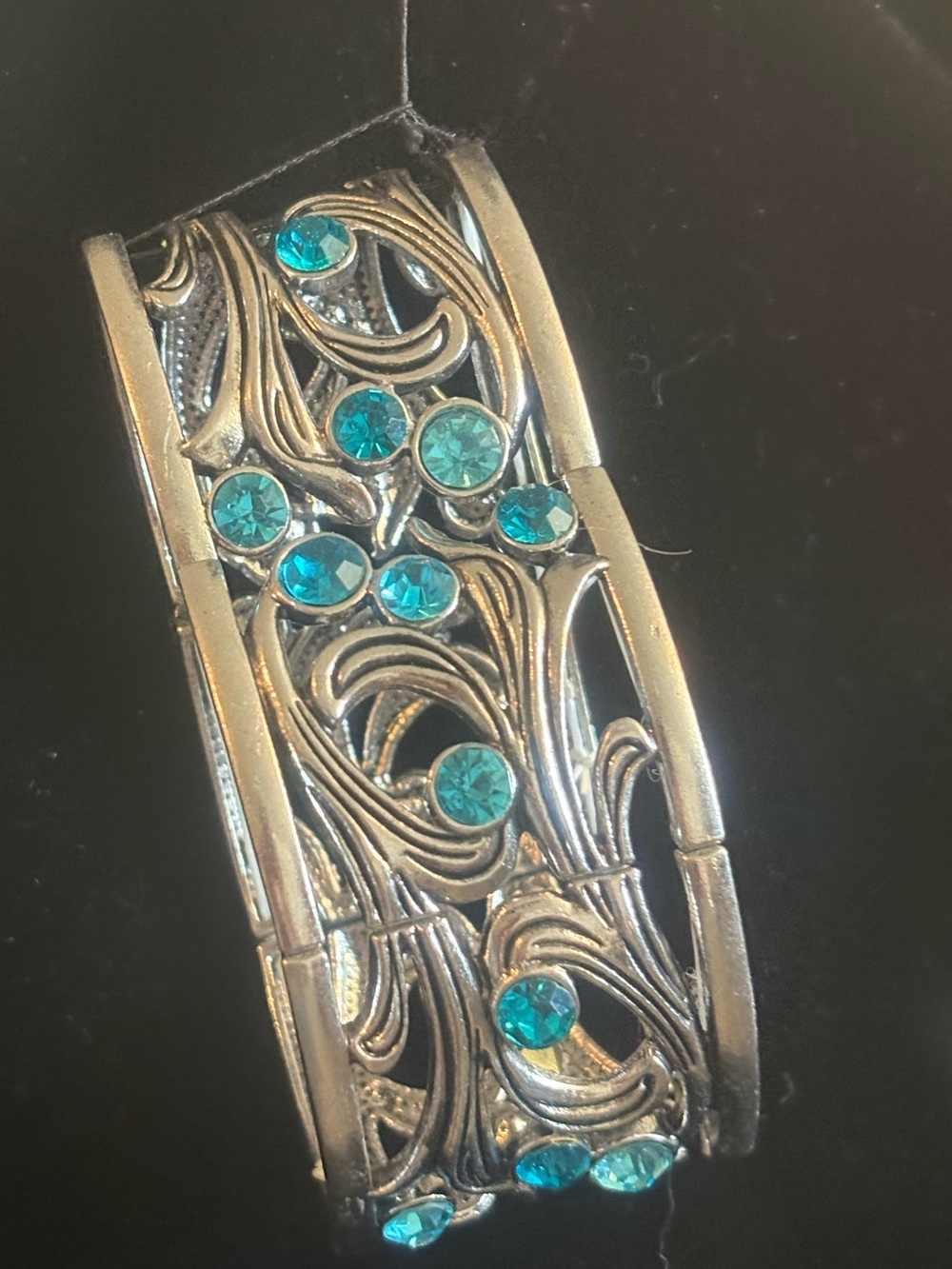 Silver-Tone Floral Filigree Bracelet with Teal Crystals